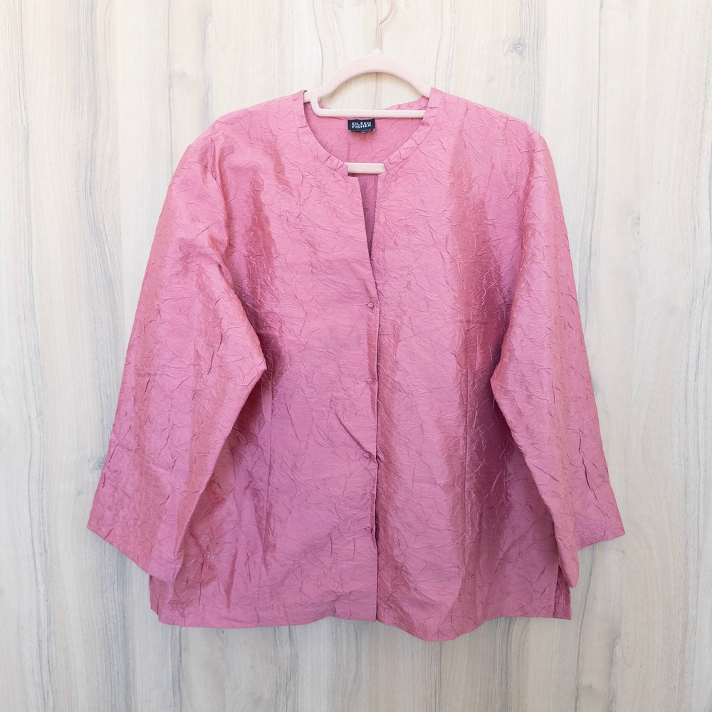 Eileen Fisher Silk Jacket XL Pink Crinkle Button Front Quiet Luxury Classic